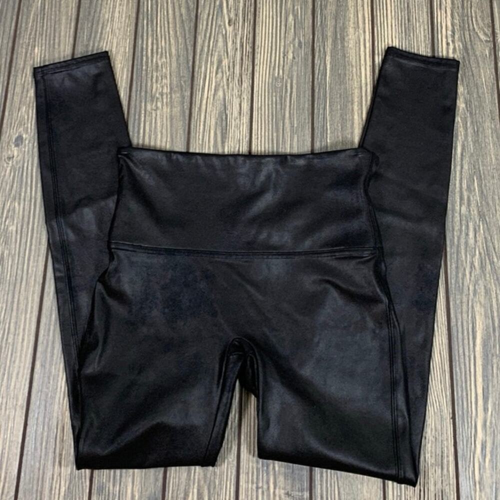 Spanx Women Nylon Spandex‎ Faux Leather Black Stretch Leggings Pants Size Large